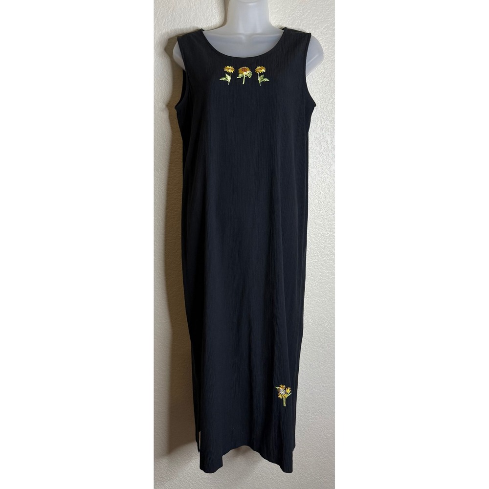 Teddi Womens M Petite Maxi Dress Black Sunflower Embroidered Sleeveless Cottage